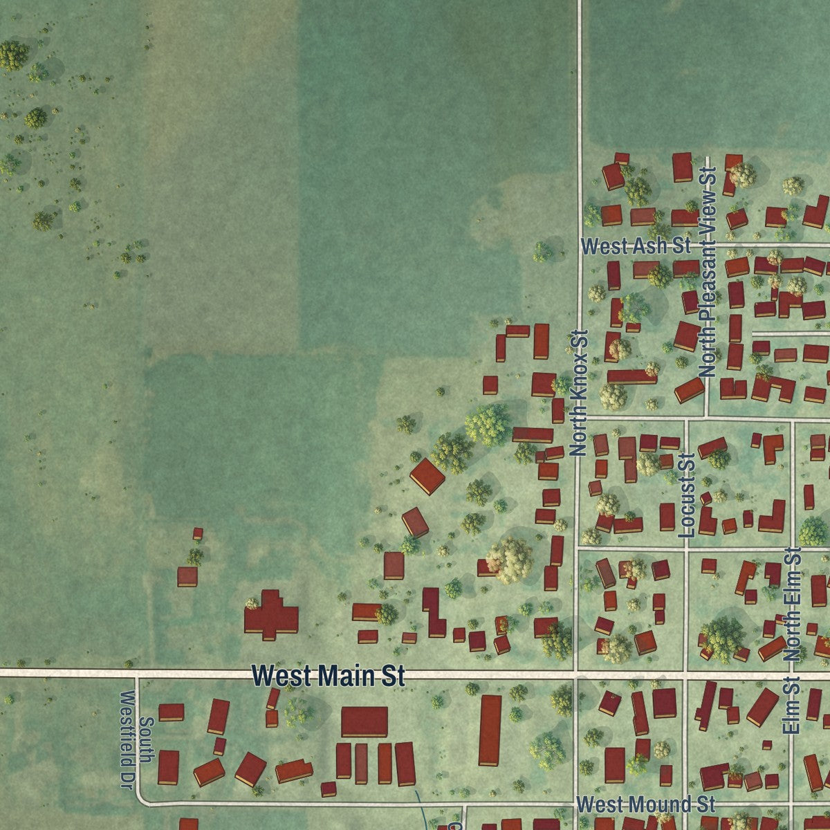 Second close-up of the map of Elmwood, Illinois print showing more streets and buildings
