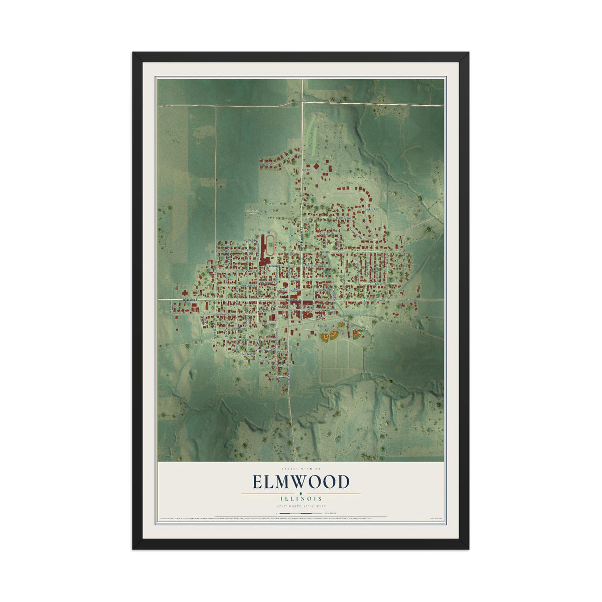 Map of Elmwood, Illinois, 12 x 18 inch print in a black wood frame