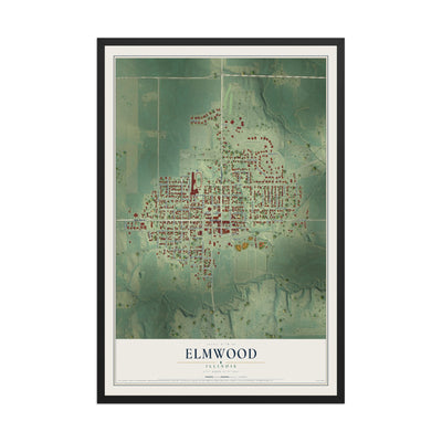Map of Elmwood, Illinois, 12 x 18 inch print in a black wood frame