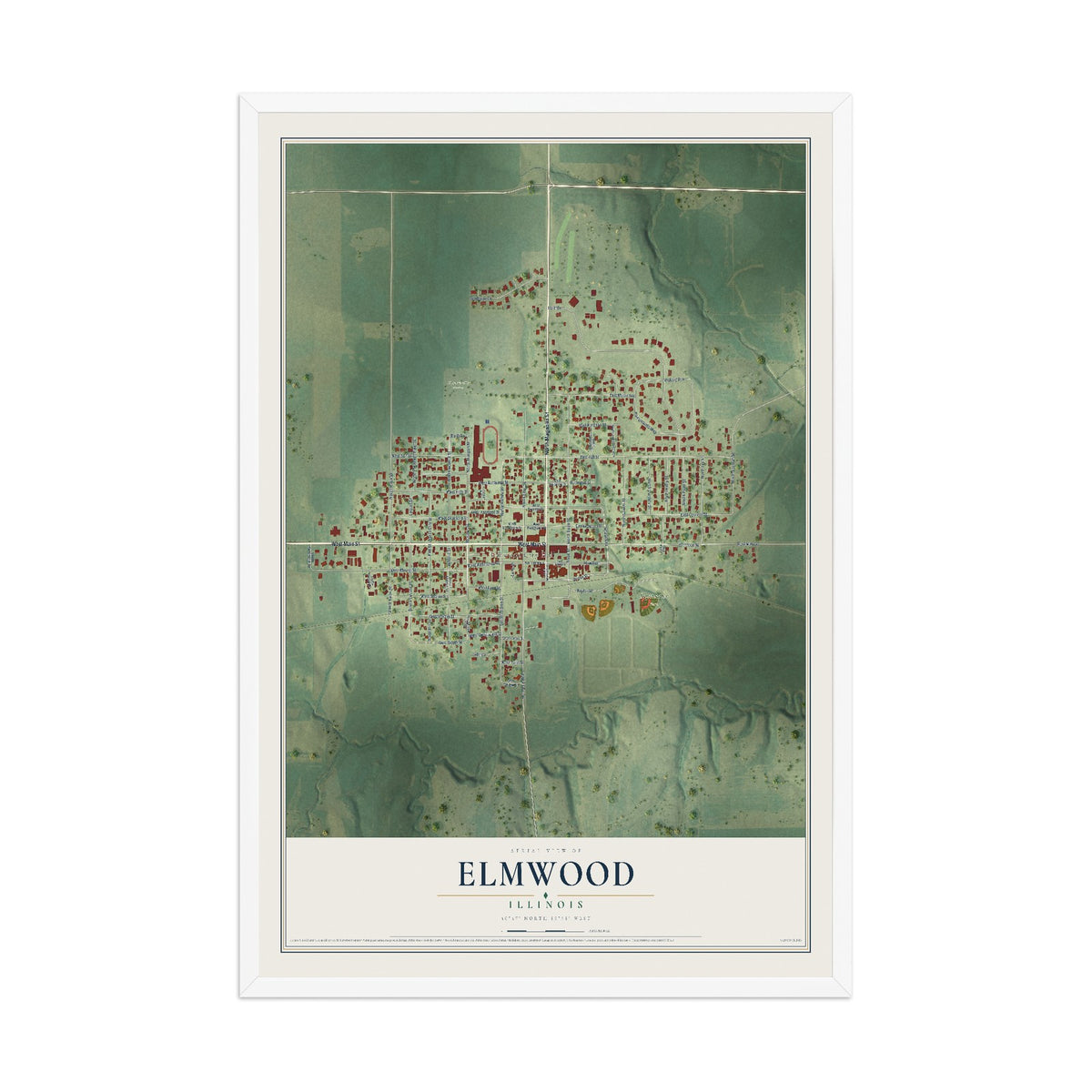 Map of Elmwood, Illinois, 12 x 18 inch print in a white wood frame