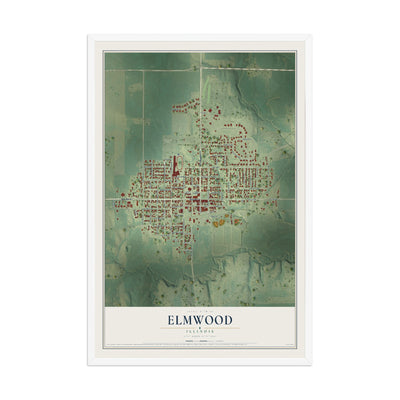 Map of Elmwood, Illinois, 12 x 18 inch print in a white wood frame