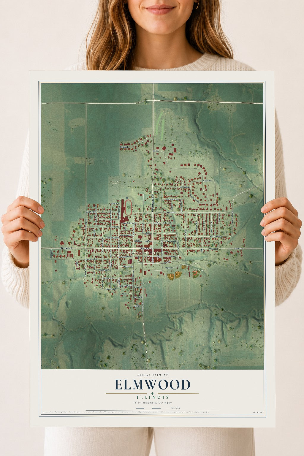 Map of Elmwood, Illinois, 18 x 24 inch unframed archival matte print