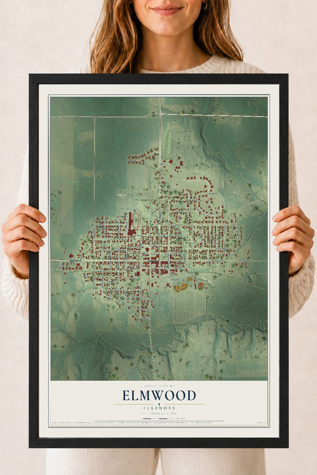 Map of Elmwood, Illinois, 18 x 24 inch print in a black wood frame