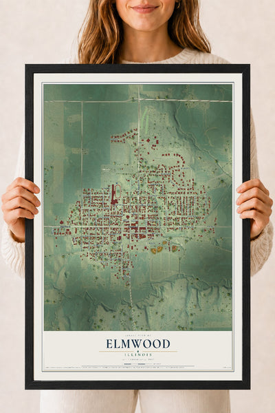 Map of Elmwood, Illinois, 18 x 24 inch print in a black wood frame