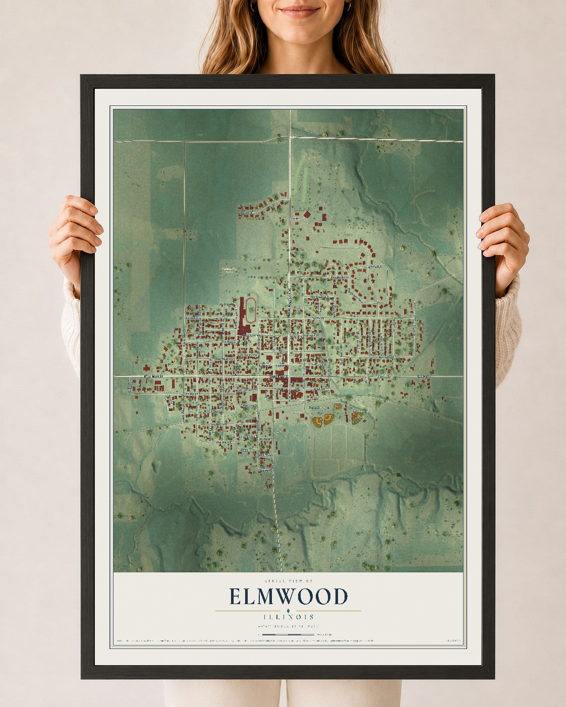Map of Elmwood, Illinois, 24 x 36 inch print in a black wood frame