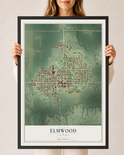 Map of Elmwood, Illinois, 24 x 36 inch print in a black wood frame