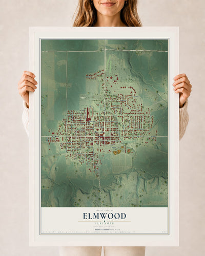Map of Elmwood, Illinois, 24 x 36 inch print in a white wood frame