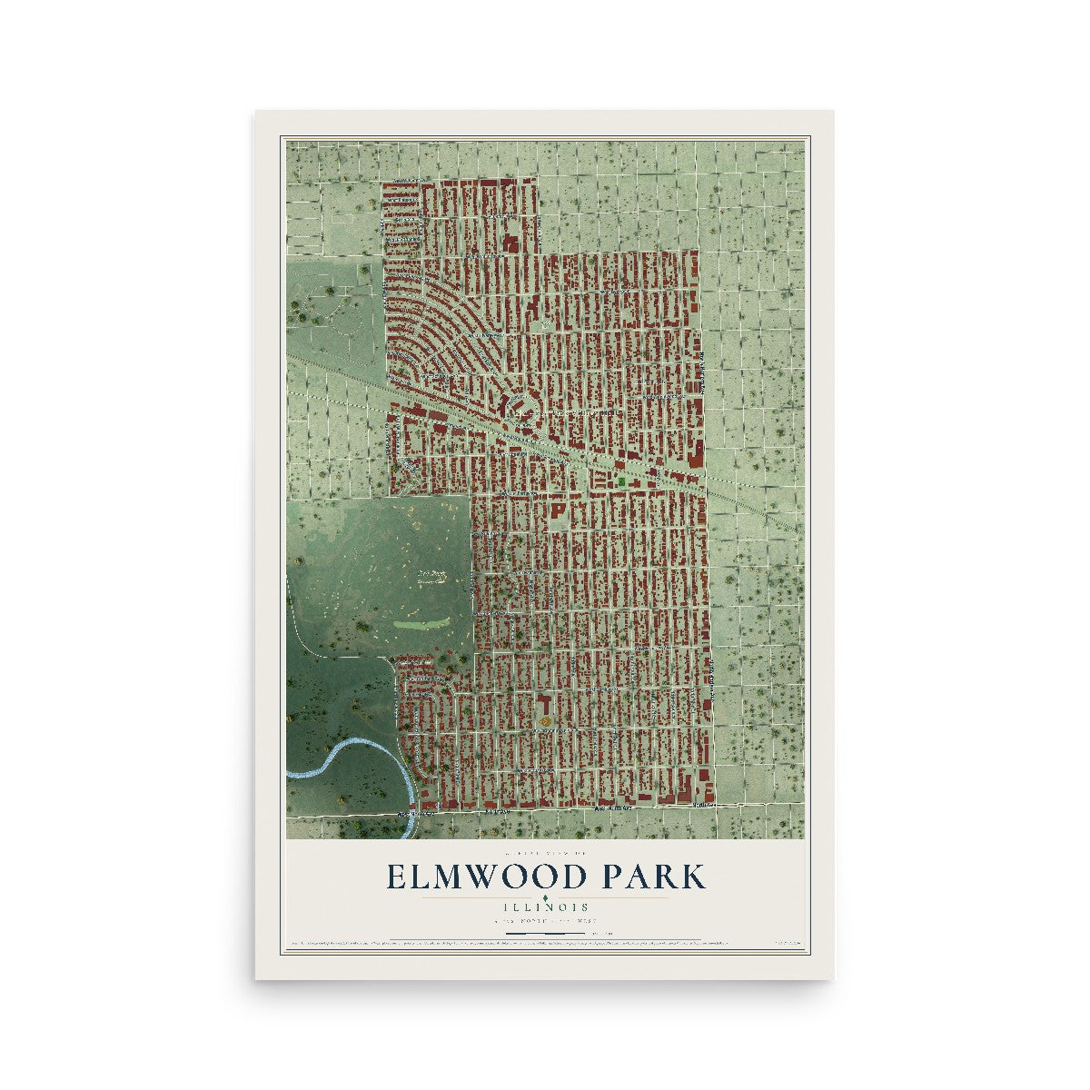 Map of Elmwood Park, Illinois, 12 x 18 inch unframed archival matte print