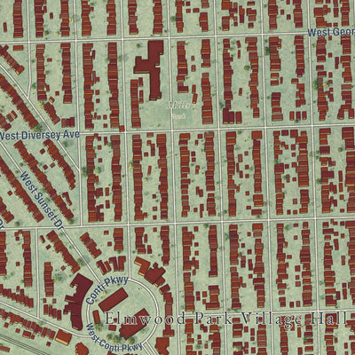Second close-up of the map of Elmwood Park, Illinois print showing more streets and buildings