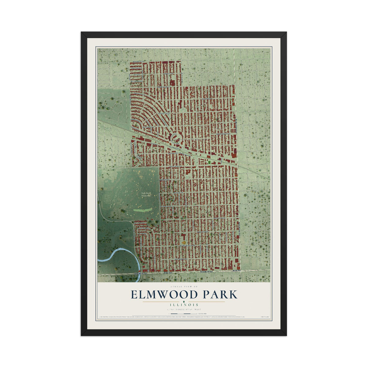 Map of Elmwood Park, Illinois, 12 x 18 inch print in a black wood frame