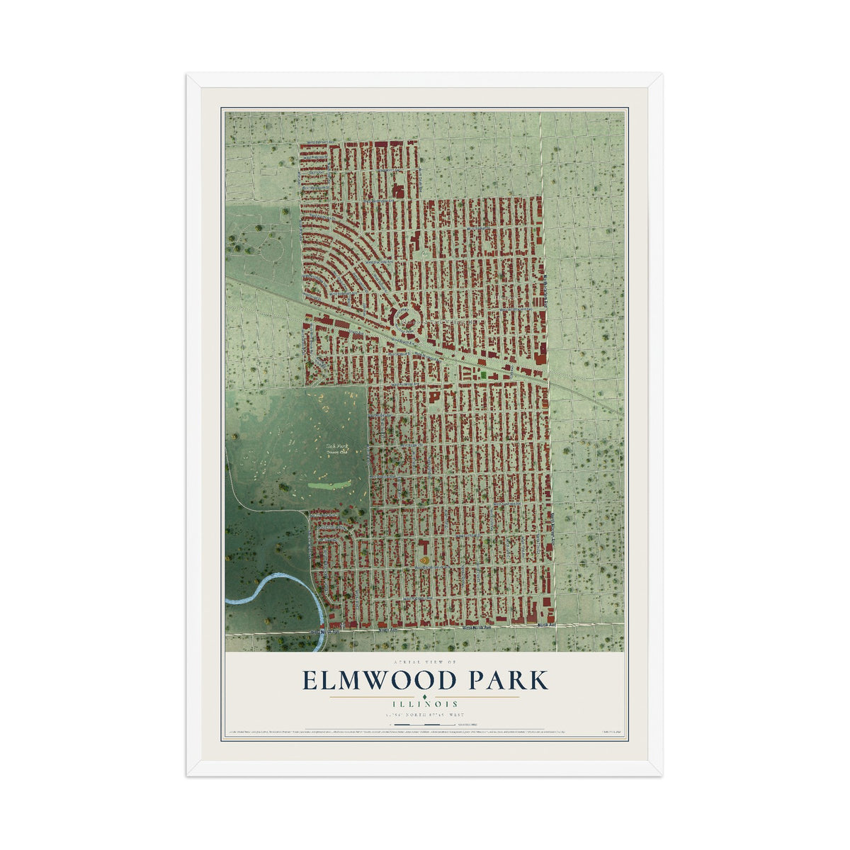 Map of Elmwood Park, Illinois, 12 x 18 inch print in a white wood frame