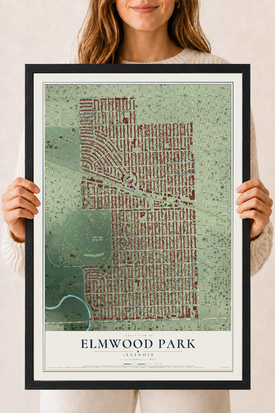 Map of Elmwood Park, Illinois, 18 x 24 inch print in a black wood frame