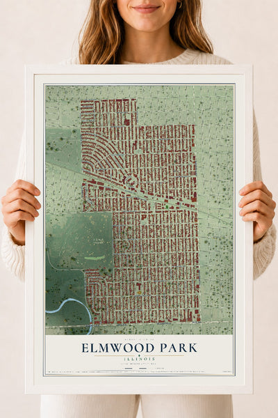 Map of Elmwood Park, Illinois, 18 x 24 inch print in a white wood frame
