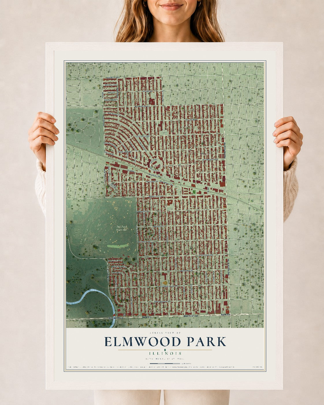 Map of Elmwood Park, Illinois, 24 x 36 inch print in a white wood frame