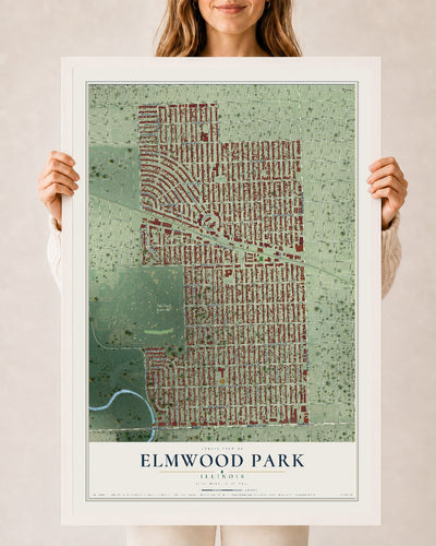 Map of Elmwood Park, Illinois, 24 x 36 inch print in a white wood frame