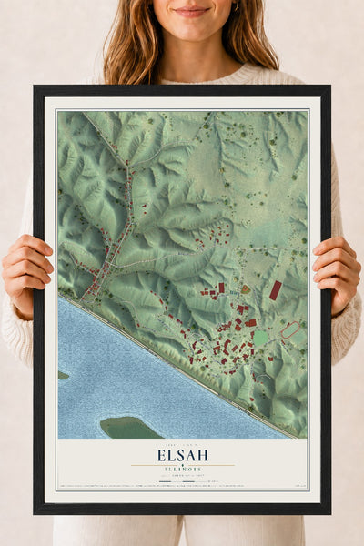 Map of Elsah, Illinois, 18 x 24 inch print in a black wood frame