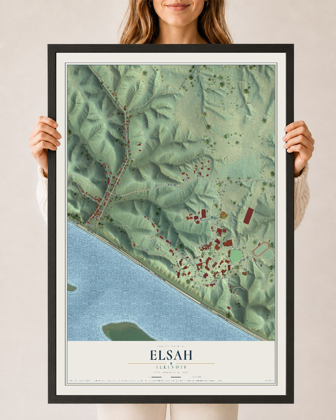 Map of Elsah, Illinois, 24 x 36 inch print in a black wood frame