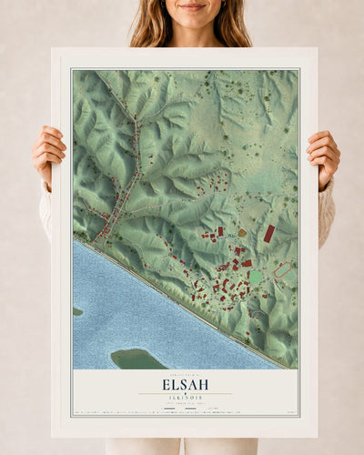 Map of Elsah, Illinois, 24 x 36 inch print in a white wood frame