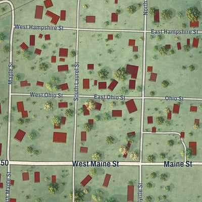 Close-up of the map of Elvaston, Illinois print showing street and building detail