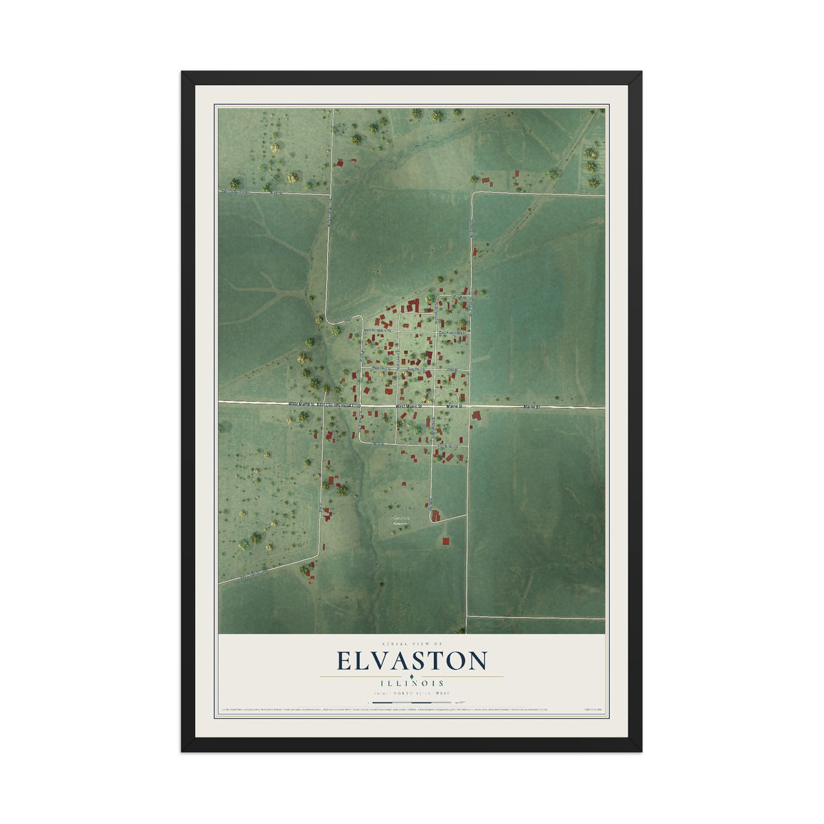 Map of Elvaston, Illinois, 12 x 18 inch print in a black wood frame