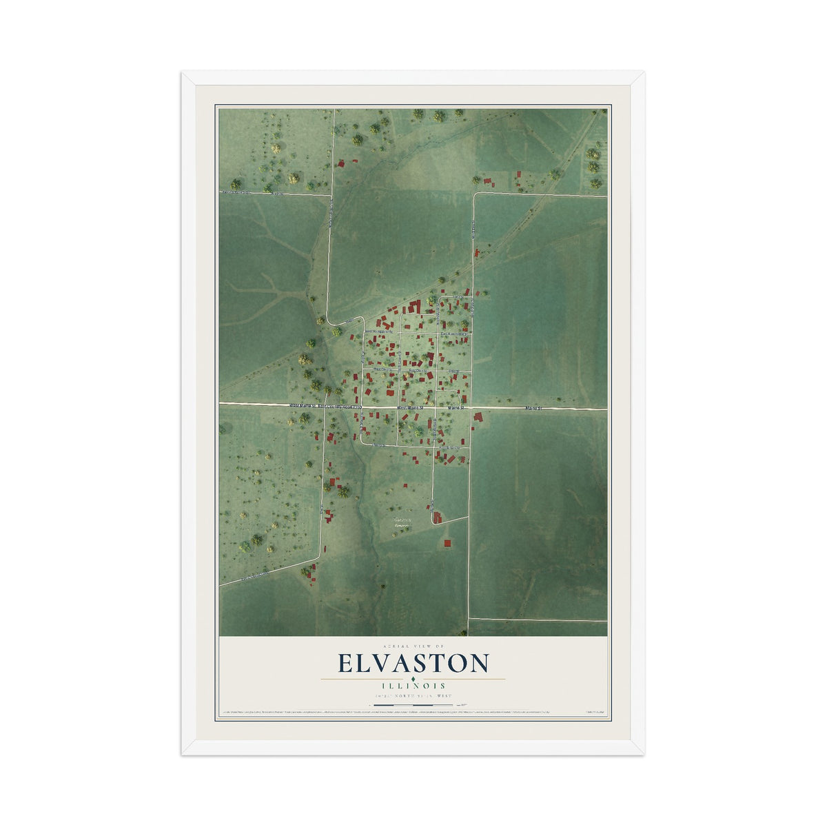 Map of Elvaston, Illinois, 12 x 18 inch print in a white wood frame