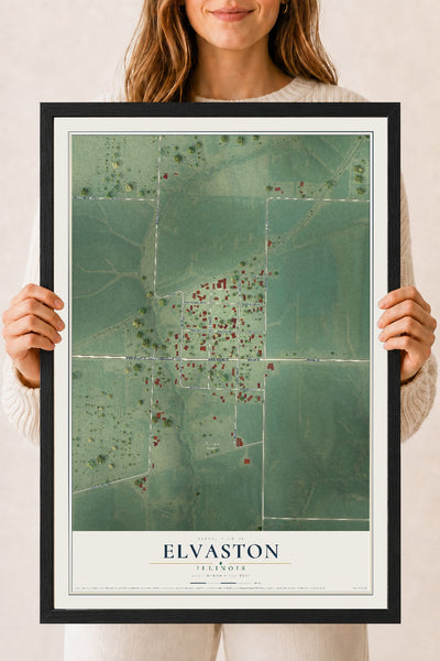 Map of Elvaston, Illinois, 18 x 24 inch print in a black wood frame