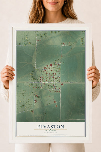 Map of Elvaston, Illinois, 18 x 24 inch print in a white wood frame
