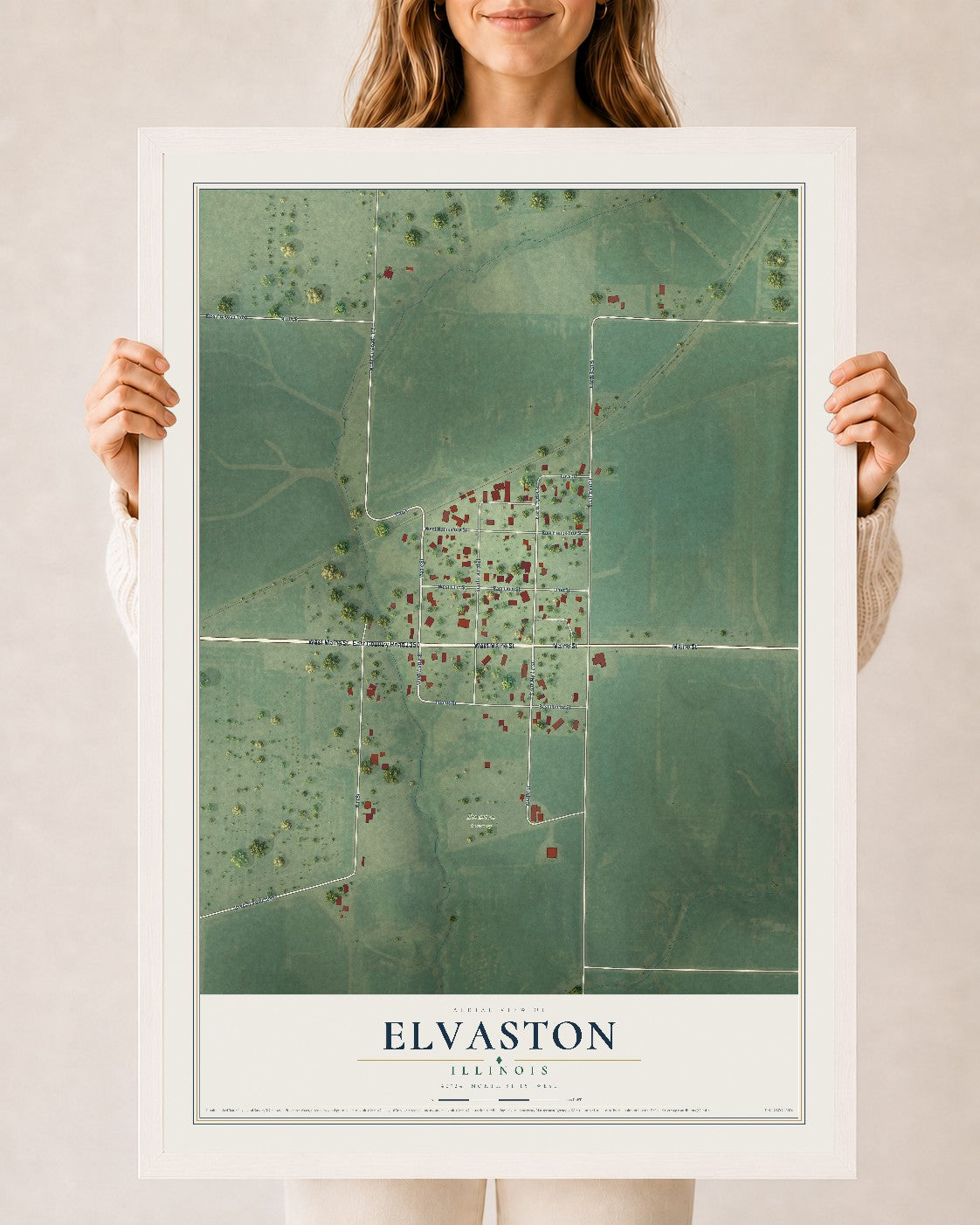 Map of Elvaston, Illinois, 24 x 36 inch print in a white wood frame
