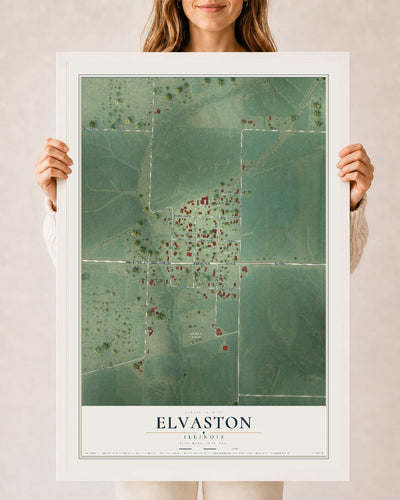 Map of Elvaston, Illinois, 24 x 36 inch print in a white wood frame