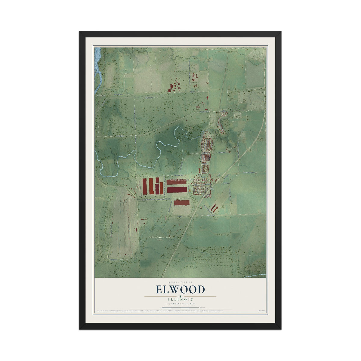 Map of Elwood, Illinois, 12 x 18 inch print in a black wood frame