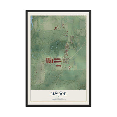 Map of Elwood, Illinois, 12 x 18 inch print in a black wood frame