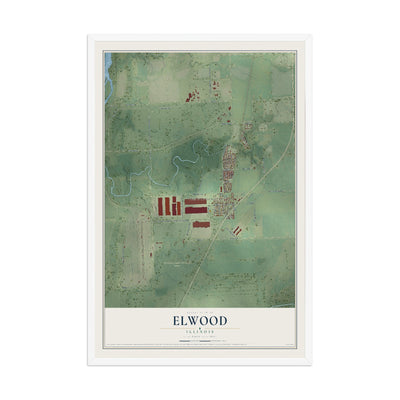 Map of Elwood, Illinois, 12 x 18 inch print in a white wood frame
