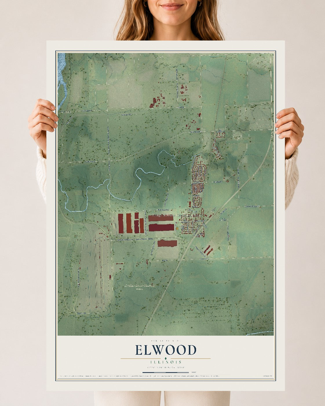 Map of Elwood, Illinois, 24 x 36 inch unframed archival matte print