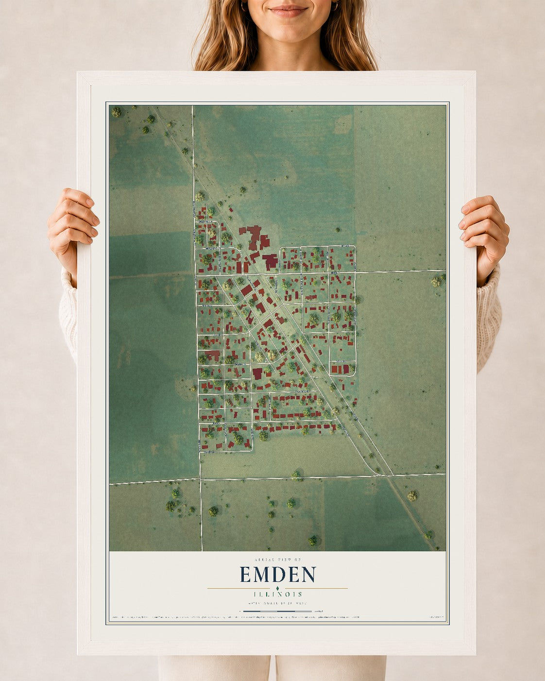 Map of Emden, Illinois, 24 x 36 inch print in a white wood frame