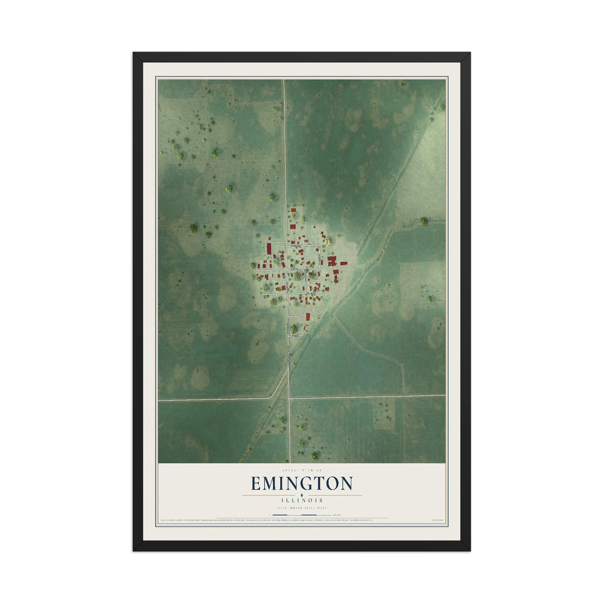 Map of Emington, Illinois, 12 x 18 inch print in a black wood frame