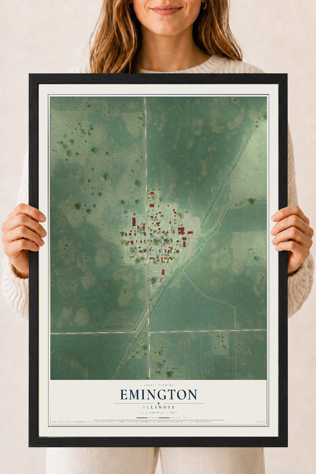 Map of Emington, Illinois, 18 x 24 inch print in a black wood frame