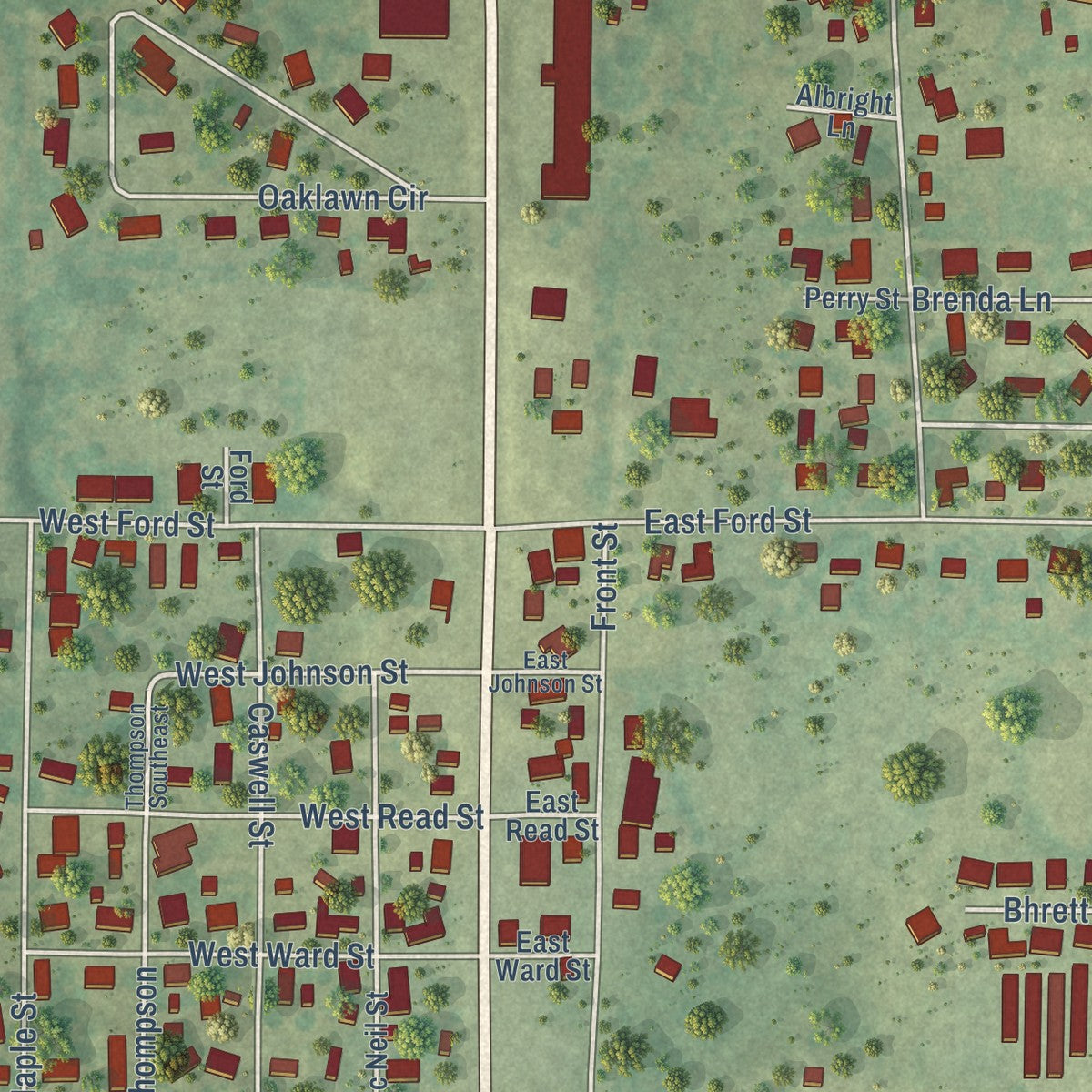 Close-up of the map of Energy, Illinois print showing street and building detail