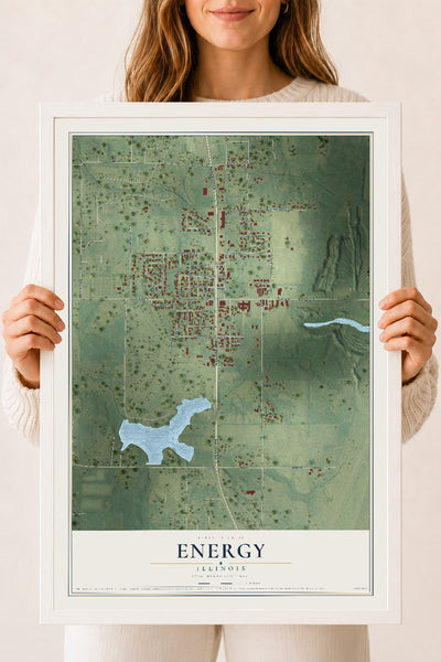 Map of Energy, Illinois, 18 x 24 inch print in a white wood frame