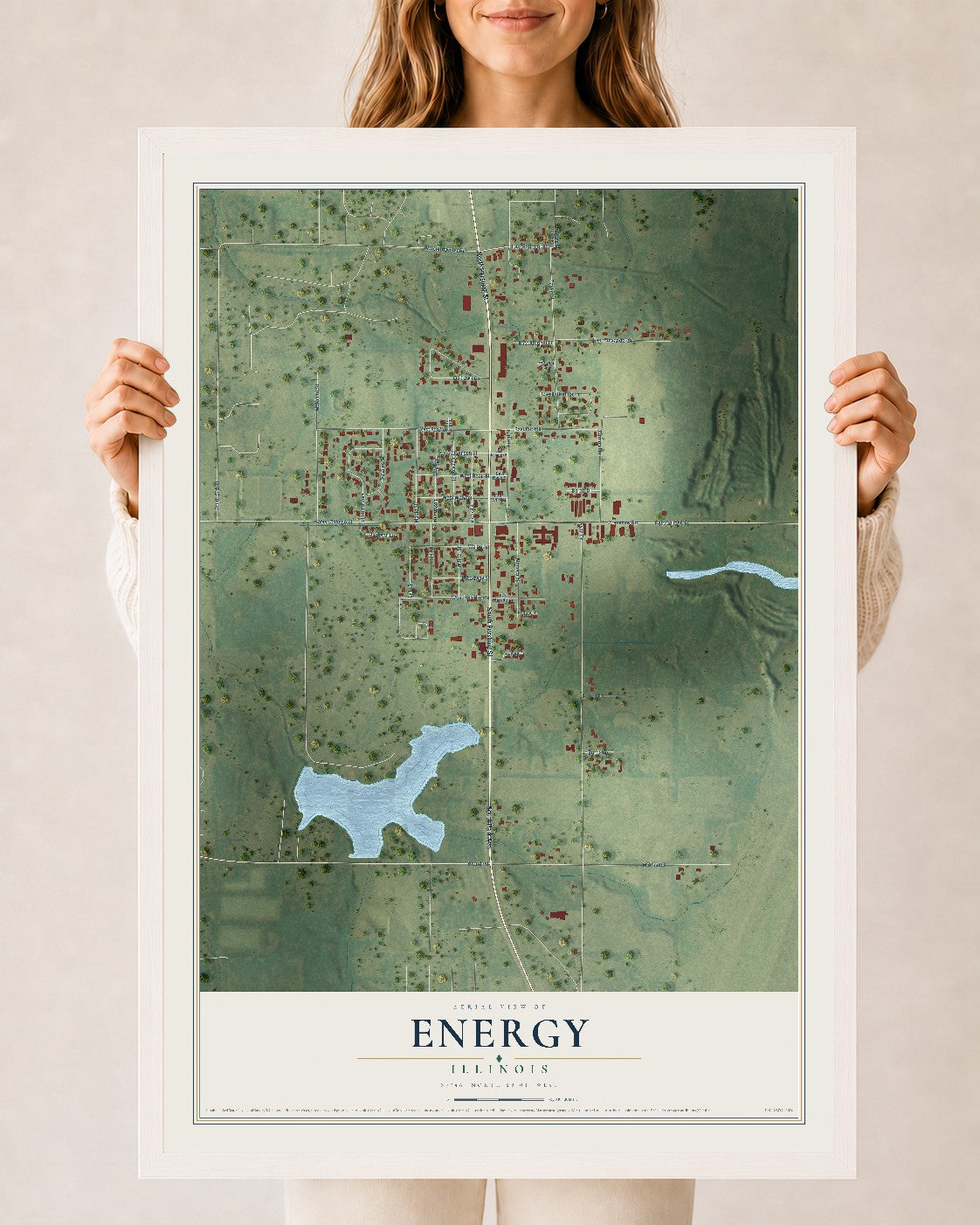 Map of Energy, Illinois, 24 x 36 inch print in a white wood frame