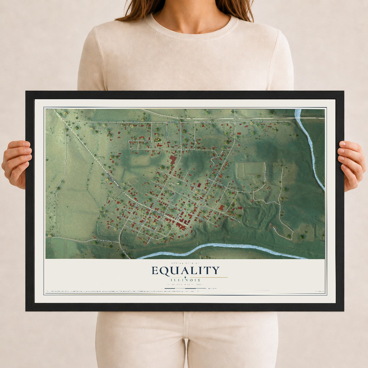 Map of Equality, Illinois, 12 x 18 inch print in a black wood frame