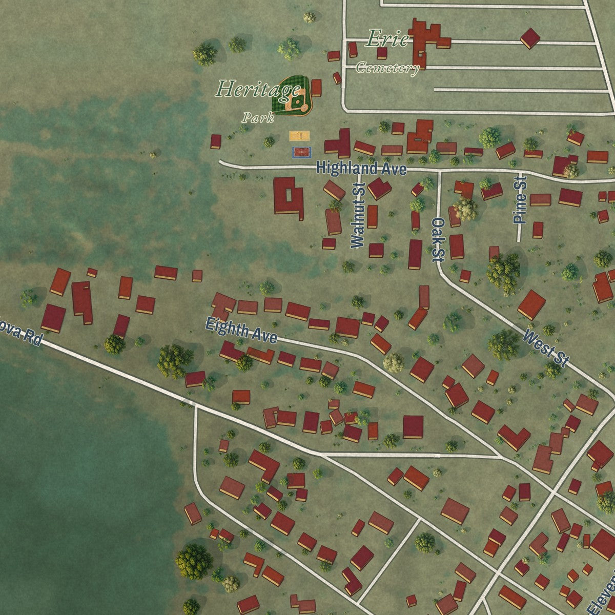 Second close-up of the map of Erie, Illinois print showing more streets and buildings