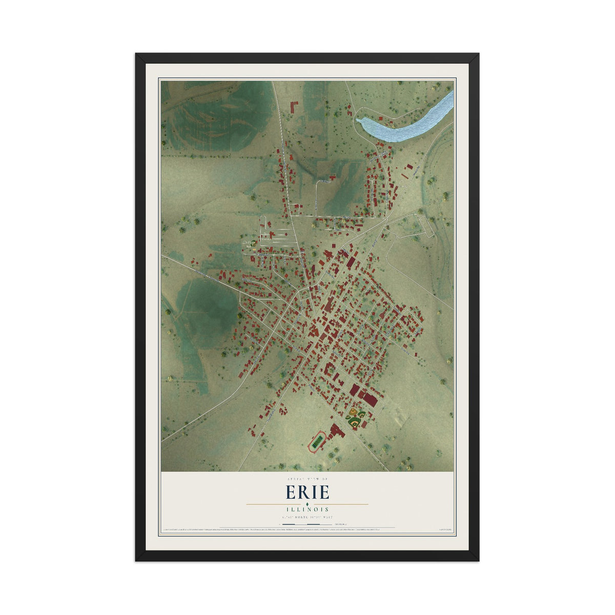 Map of Erie, Illinois, 12 x 18 inch print in a black wood frame