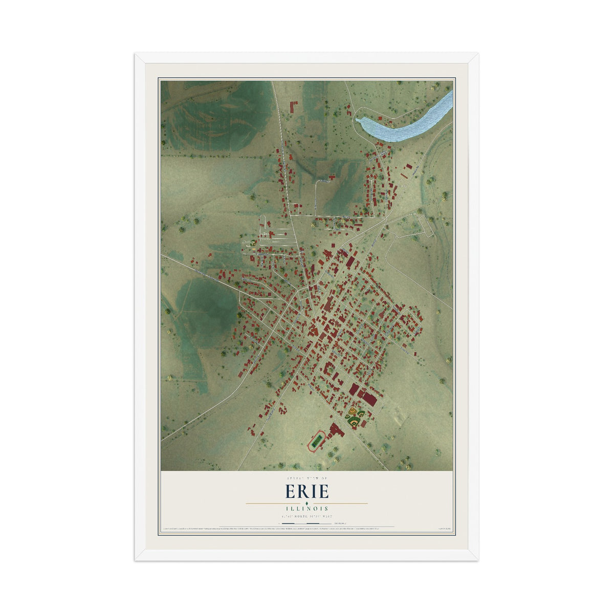 Map of Erie, Illinois, 12 x 18 inch print in a white wood frame