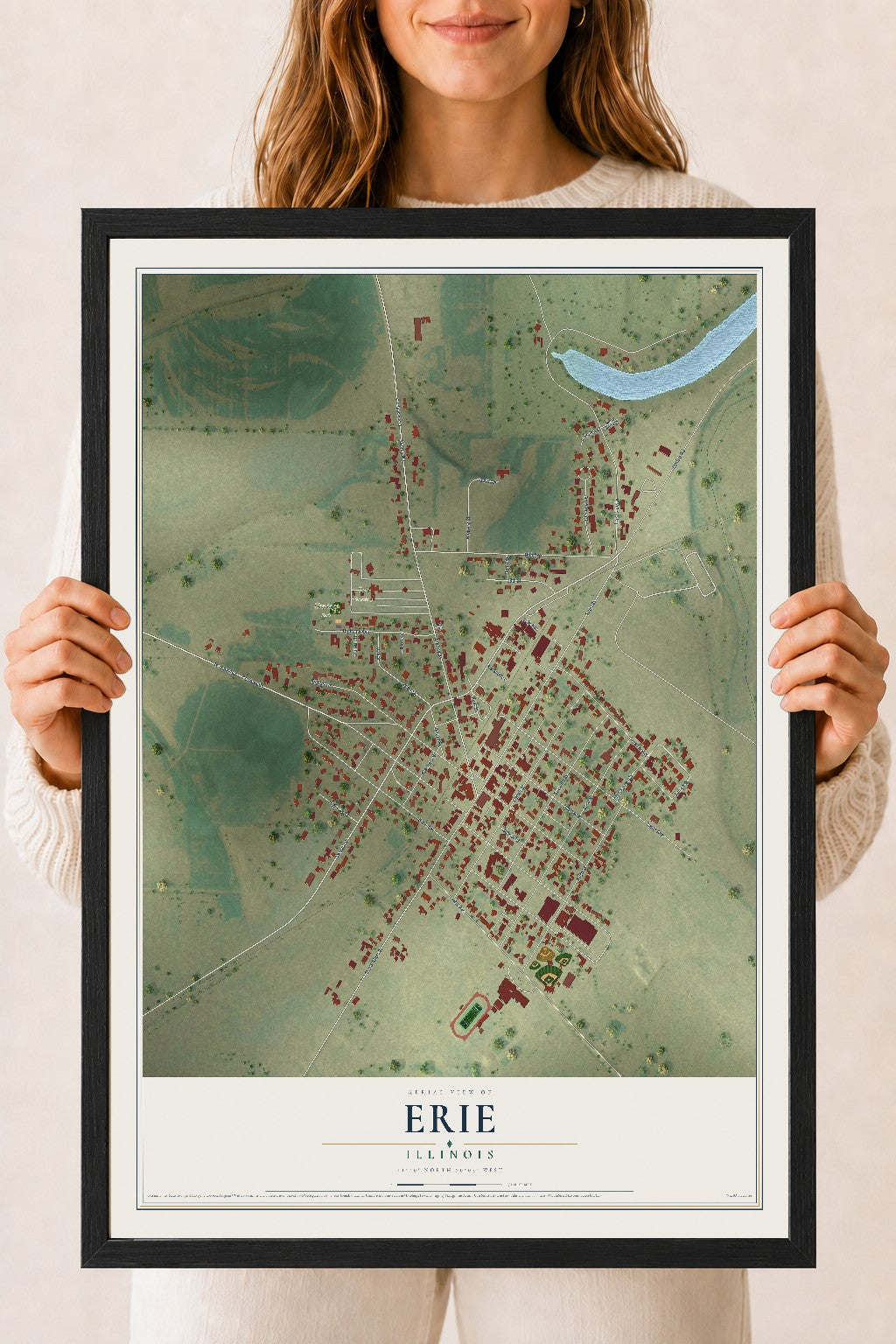 Map of Erie, Illinois, 18 x 24 inch print in a black wood frame