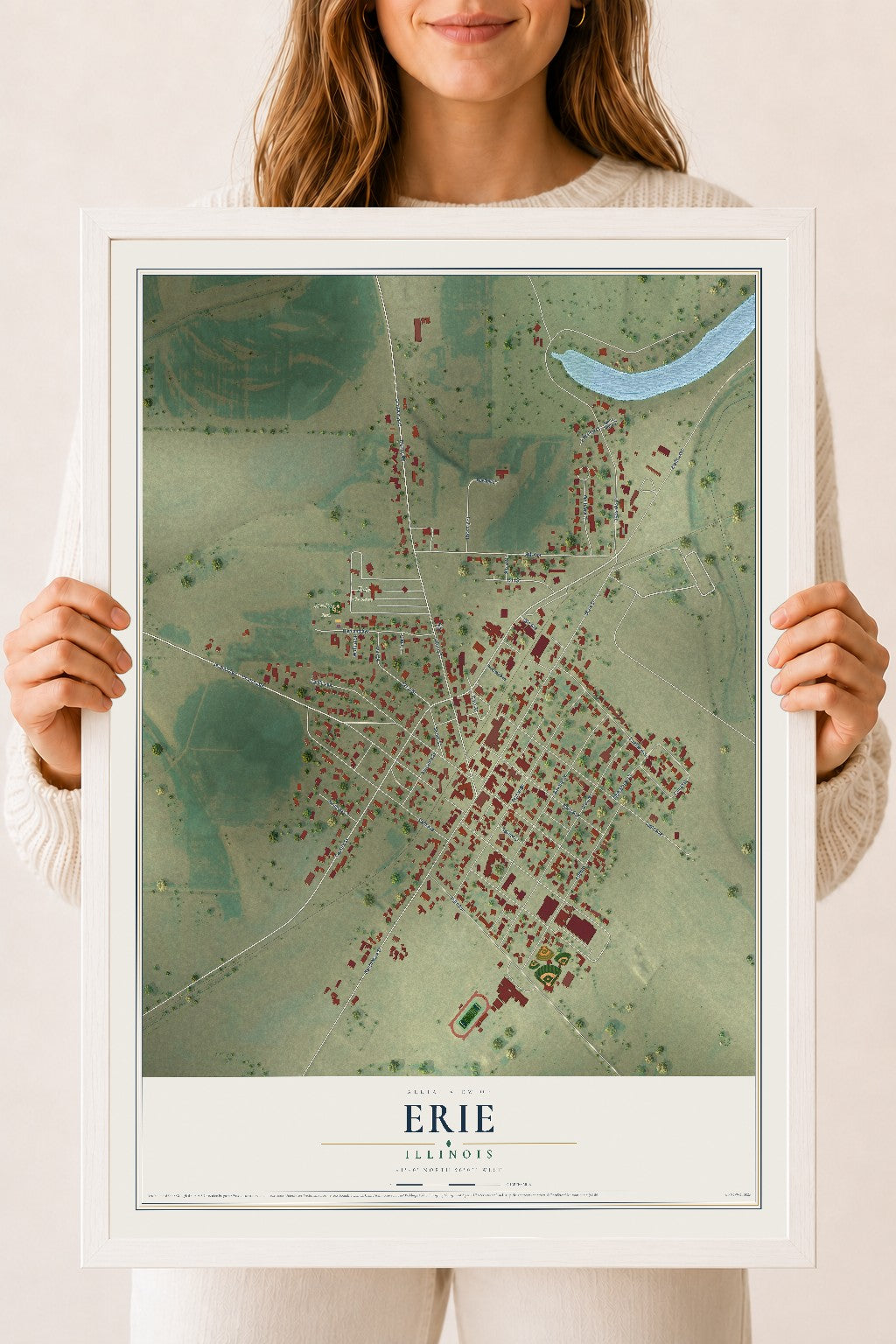Map of Erie, Illinois, 18 x 24 inch print in a white wood frame