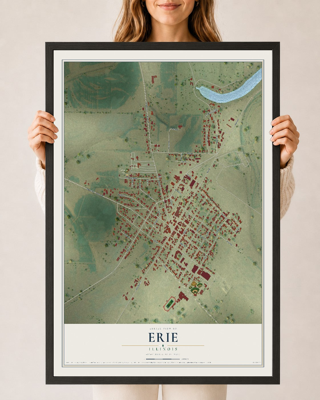Map of Erie, Illinois, 24 x 36 inch print in a black wood frame