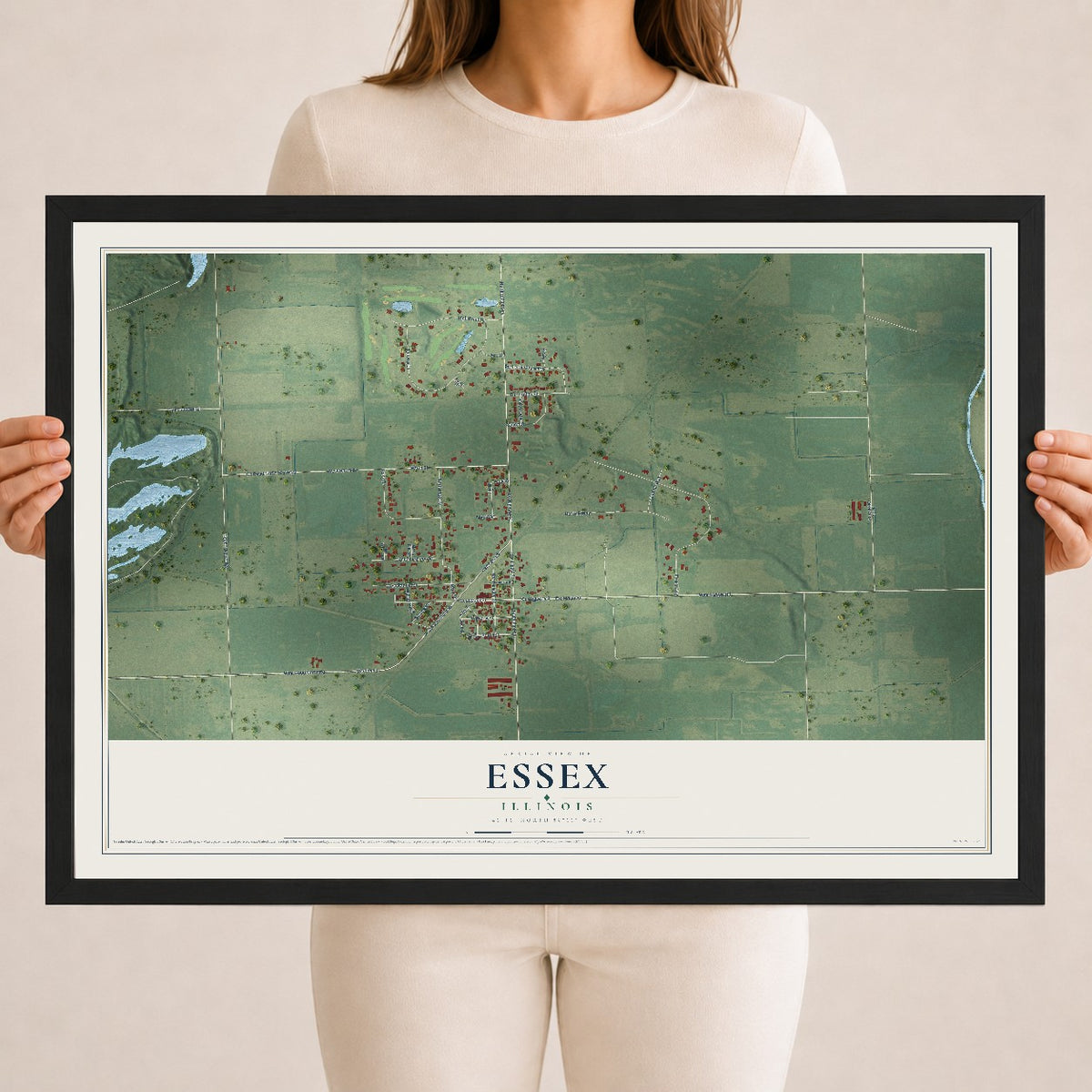 Map of Essex, Illinois, 18 x 24 inch print in a black wood frame