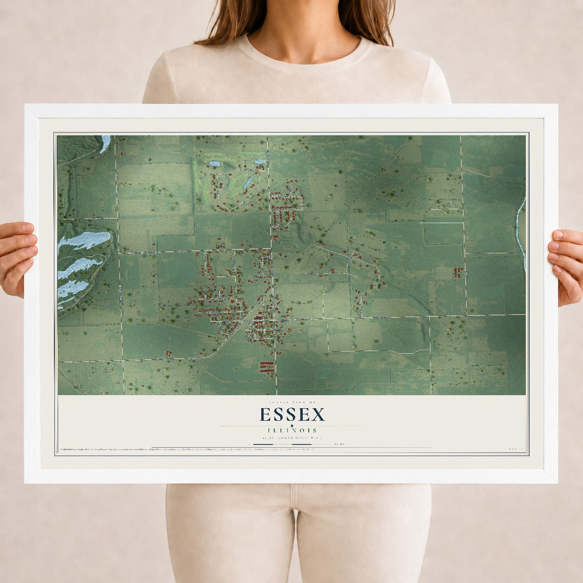 Map of Essex, Illinois, 18 x 24 inch print in a white wood frame