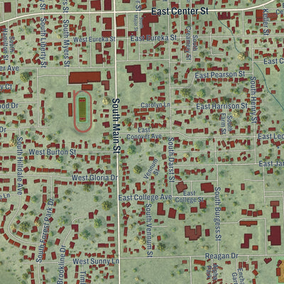 Close-up of the map of Eureka, Illinois print showing street and building detail