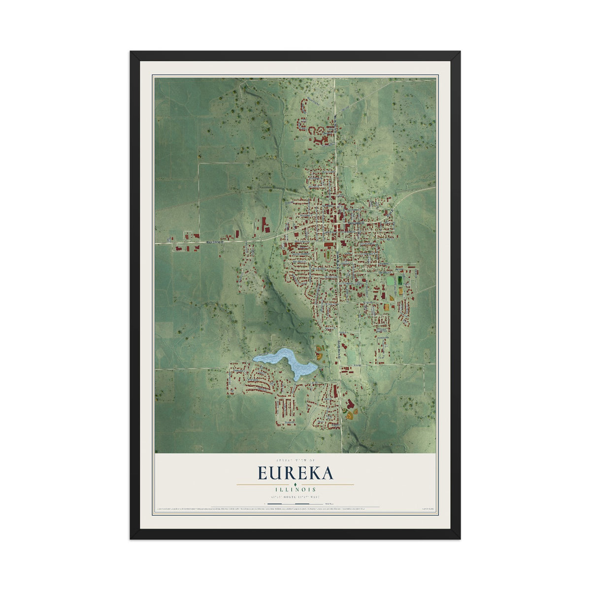 Map of Eureka, Illinois, 12 x 18 inch print in a black wood frame
